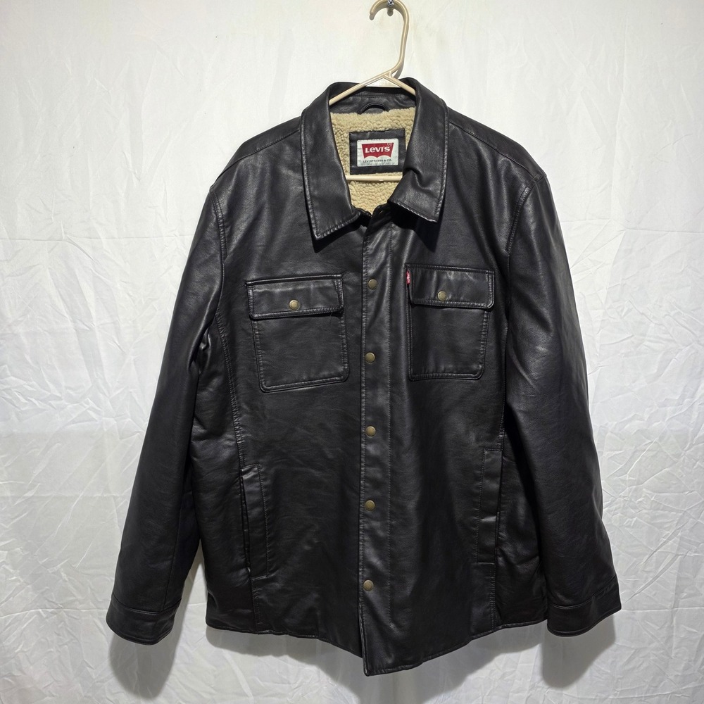 Levis Mens Sherpa Lined Faux Leather Trucker Jacket Black XXL Lined Coat